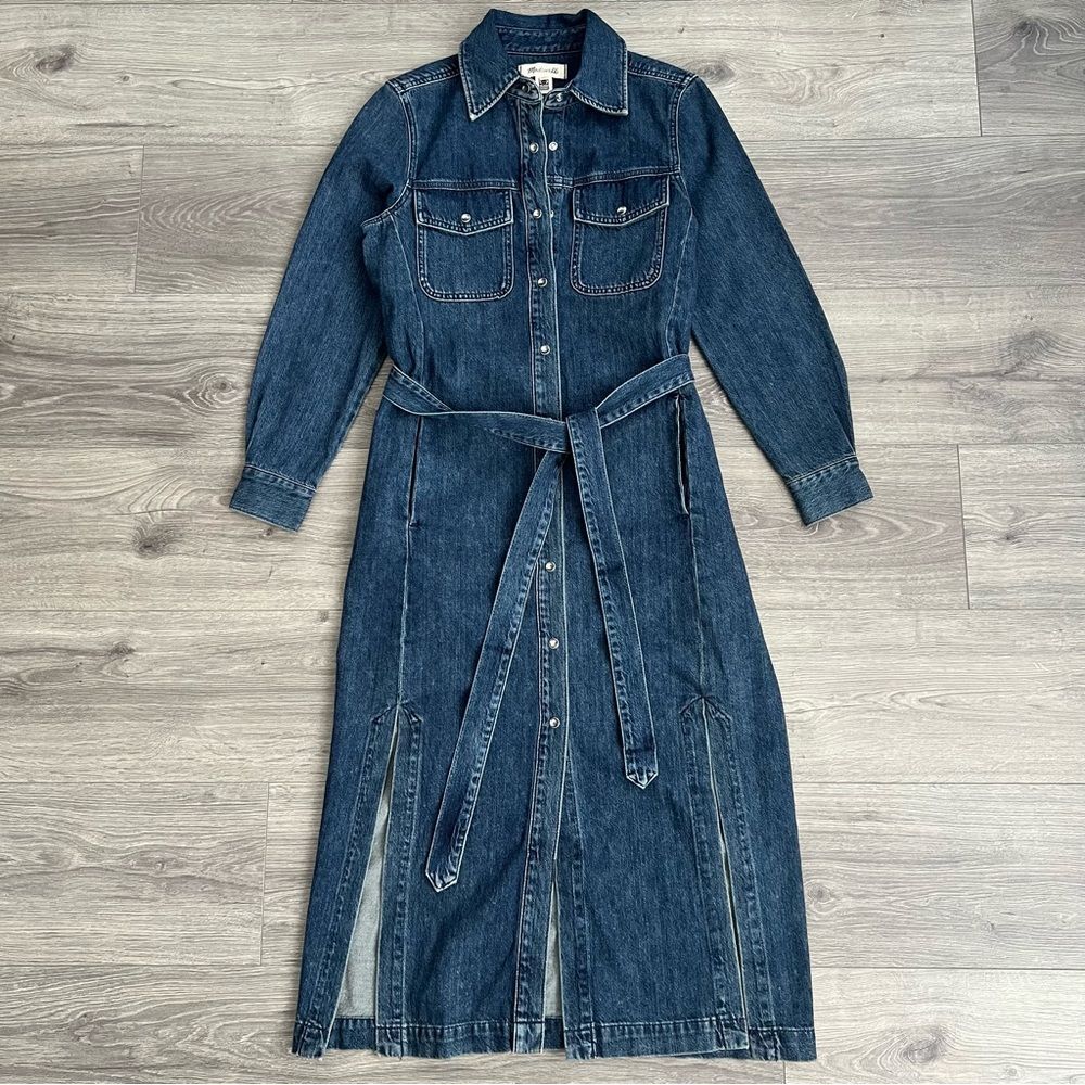 MADEWELL Denim Midi Dress XXS Avenida Dark Blue Tie Waist Side Slit Western Fall